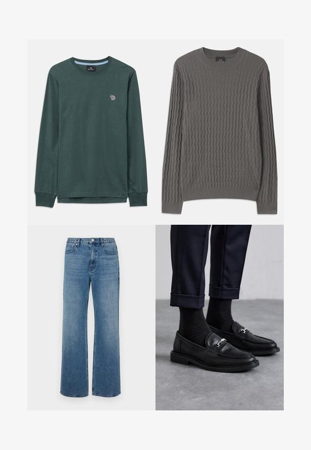 Armani Exchange Neule - dark gull zig zag; Pitkähihaisen tummanvihreän pyöreäkauluksisen paidan, jossa on pieni monivärinen seepra-logo vasemmassa rinnassa ja joustavat hihansuut.; Levelederg blå jeans laget av denim med en falmet finish. Har fem lommer, glidelås foran og rett snitt.; Musta nahkakengät, joissa on tekstuuripinta, hopeiset yksityiskohdat, yhdistetty tummiin sukkiin ja käännettyihin tummansinisiiin housuihin.