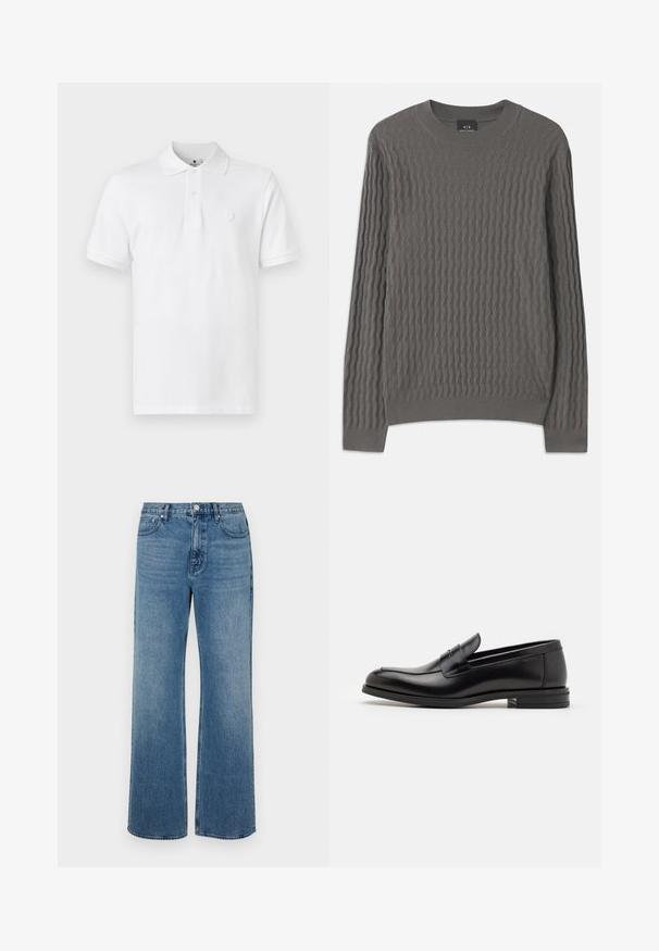 Armani Exchange - Sweter; Biała koszulka polo wykonana z bawełny, z klasycznym kołnierzykiem, krótkimi rękawami i subtelnym haftowanym logo na piersi.; Szerokie niebieskie dżinsy wykonane z denimu o wyblakłym wykończeniu. Posiadają pięć kieszeni, zapięcie na guzik z przodu oraz prosty krój.; Czarne skórzane mokasyny o gładkiej fakturze, zaokrąglonym nosku i dekoracyjnym pasku na przodzie. Niski, warstwowy obcas, minimalistyczny design.