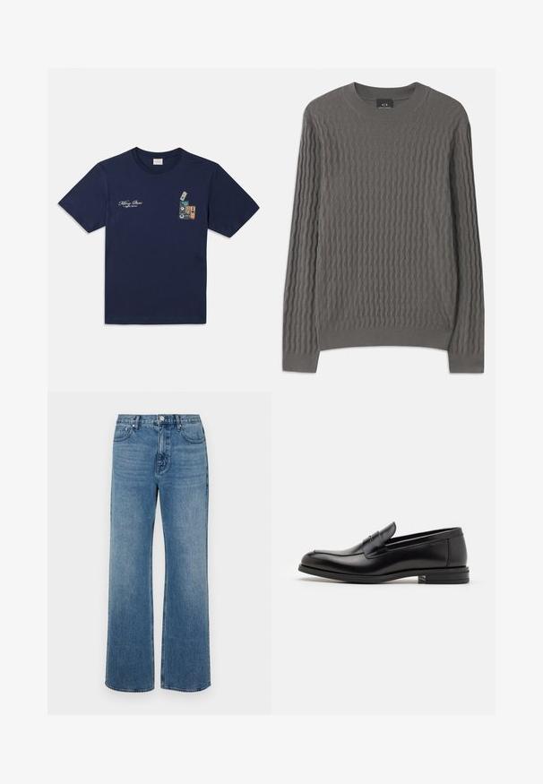 Armani Exchange Jersey de punto - dark gull zig zag; Camiseta de algodón azul marino de manga corta, con un gráfico de cintas de casete apiladas y el texto "Killing Bees" en el pecho.; Pantalones vaqueros de pierna ancha en denim con un acabado desgastado. Presenta cinco bolsillos, un cierre de botón en la parte delantera y un corte recto.; Mocasines de cuero negro con una textura suave, puntera redondeada y una tira decorativa en el empeine. Tacón bajo apilado, diseño minimalista.