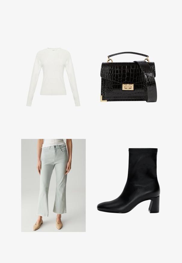 Weißer Pullover mit langen Ärmeln, geripptem Muster, runder Halslinie und tailliertem Design. Verfügt über dezente Nähte auf dem Körper.; Hellgrüne, ausgestellte Jeans mit glatter Textur, Fünf-Taschen-Design, vorderem Knopfverschluss und subtilen Steppnähten. Kombiniert mit beigen Schuhen.; Schwarzer Knöchelstiefel aus glattem Leder. Mit quadrater Zehenpartie, elastischem Schaft und einem stabilen Blockabsatz. Minimalistisches Design.; Schwarz lackierte Handtasche mit Krokodilstruktur, goldfarbenen Hardware, einem oberen Griff und einem abnehmbaren Schulterriemen. Rechteckige Form mit Klappenverschluss.
