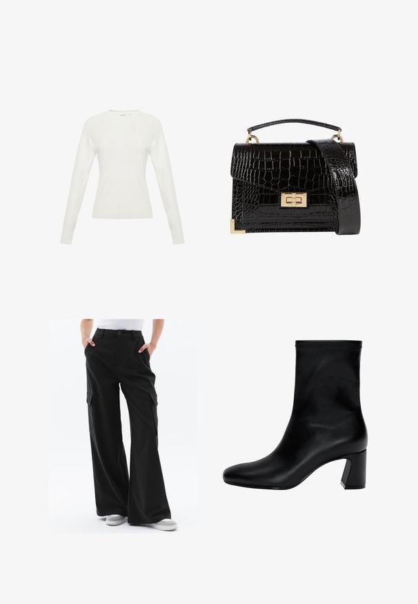 Maglione bianco a maniche lunghe con texture a coste, scollo rotondo e design aderente. Presenta dettagli di cucitura sottili sul corpo.; Pantaloni cargo a gamba larga in tessuto verde scuro con tasche laterali e chiusura a bottone. Texture morbida con una vestibilità su misura. Abbinati a sneaker grigie.; Stivaletto nero fino alla caviglia in pelle liscia. Presenta una punta quadrata, un bordo elastico e un tacco robusto per la stabilità. Design minimalista.; Borsa a tracolla nera in pelle verniciata con texture a coccodrillo, hardware dorato, manico superiore e una tracolla removibile. Forma rettangolare con chiusura a patta.