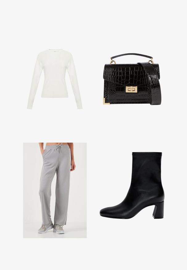 Weißer Pullover mit langen Ärmeln, geripptem Muster, runder Halslinie und tailliertem Design. Verfügt über dezente Nähte auf dem Körper.; Helle graue, weit geschnittene Sweatpants aus weichem, glattem Stoff; verfügen über einen elastischen Bund mit Kordelzug und seitlichen Taschen.; Schwarzer Knöchelstiefel aus glattem Leder. Mit quadrater Zehenpartie, elastischem Schaft und einem stabilen Blockabsatz. Minimalistisches Design.; Schwarz lackierte Handtasche mit Krokodilstruktur, goldfarbenen Hardware, einem oberen Griff und einem abnehmbaren Schulterriemen. Rechteckige Form mit Klappenverschluss.