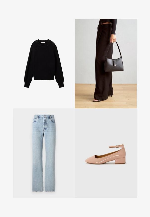 Pull en maille noire avec un col rond, ourlet côtelé et coutures d'épaule tombantes, présentant un tissu texturé et une coupe légèrement oversize.; Jean en denim bleu clair avec taille haute, jambes droites, design classique à cinq poches et décoloration subtile sur l'ensemble.; Chaussure plate en cuir verni rose avec un bout arrondi, une bride à la cheville et un petit talon carré. Texture lisse et design minimaliste.; Sac à main noir à la forme structurée, texture lisse et fermoir métallique. Associé à un pantalon noir ample et des sandales ouvertes sur un sol en bois.