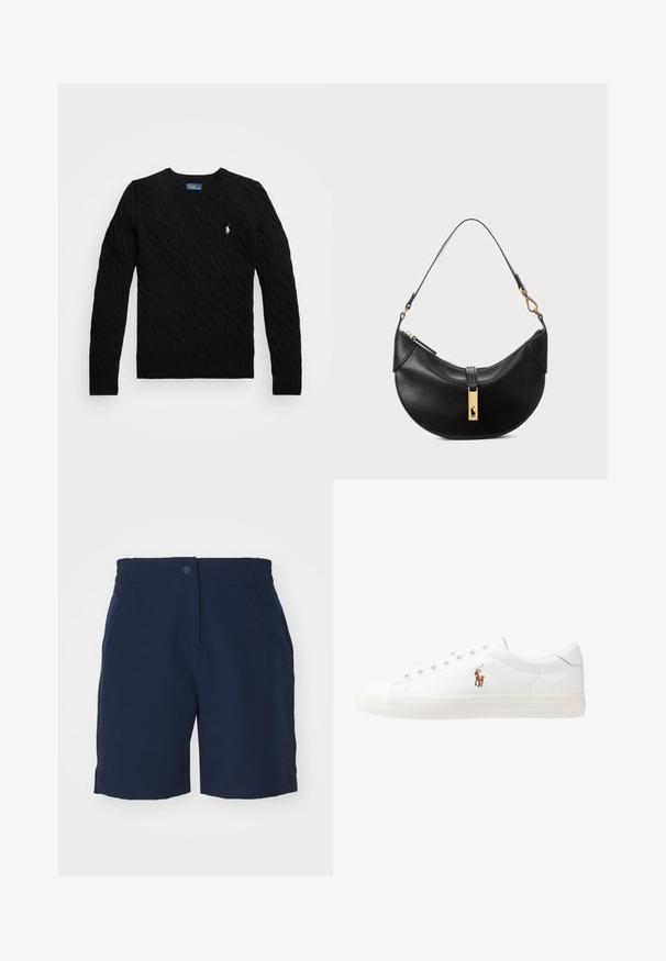 Μαύρο πουλόβερ με πλέξη καλωδίου, σε σχήμα V, με ριχτό ποδαρικό και μακριά μανίκια; διαθέτει ένα μικρό λευκό λογότυπο στο αριστερό στήθος.; Λευκό βαμβακερό πόλο μπλούζα με κλασικό γιακά, κοντά μανίκια και ναυτικό μπλε κεντητό λογότυπο στο πάνω αριστερό μέρος του στήθους. Πέντε κουμπιά στην μπροστινή πλευρά.; Σκούρο μπλε σορτς από μαλακό υλικό, με ελαστική μέση, μπροστινές τσέπες και απλή, ίσια γραμμή.; Λευκά δερμάτινα sneakers, χαμηλού σχεδιασμού, με απαλή υφή, στρογγυλή μύτη, δέσιμο μπροστά και μικρό κεντημένο λογότυπο στο πλάι.; Μαύρη δερμάτινη τσάντα χειρός σε σχήμα μισού φεγγαριού. Διαθέτει χρυσή μεταλλική λεπτομέρεια και στενό λουρί. Απαλή υφή, κλείσιμο με φερμουάρ στην κορυφή.