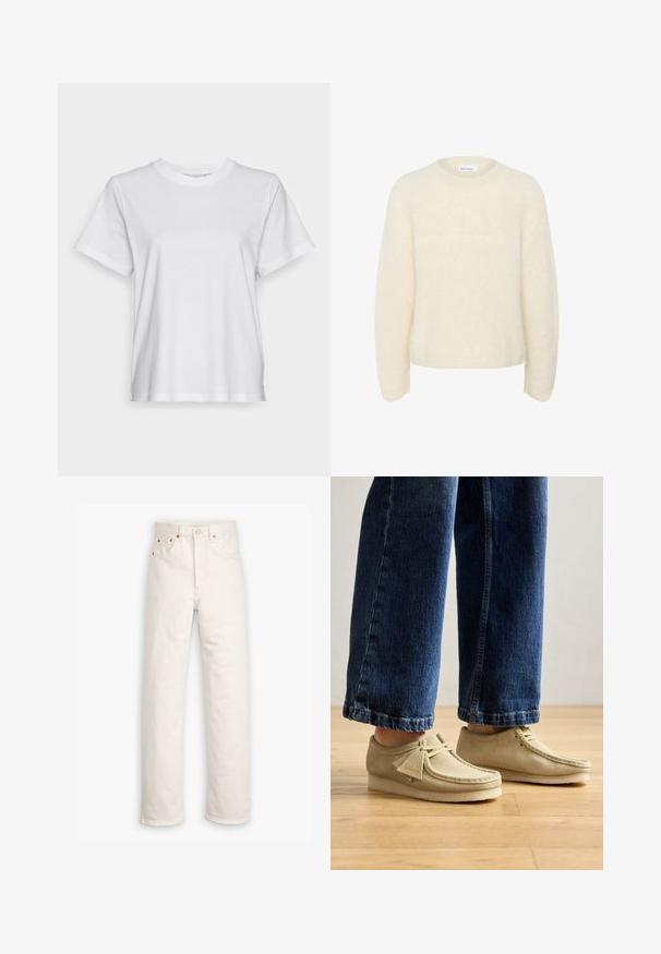 Krémový, veľký sveter vyrobený z mäkkej, textúrovanej látky. Má okrúhly výstrih a dlhé rukávy s uvoľneným strihom. Žiadne viditeľné vzory.; Biela bavlnená tričko s krátkym rukávom, okrúhlym výstrihom a voľným strihom. Hladká textúra, bez vzorov alebo grafik, základný dizajn.; Biele džínsy z denimu so stright-leg strihom, päť-vreckovým štýlom a medenými kovovými doplnkami. Nerovný lem na členkoch.; Béžové semišové topánky s kulatými špičkami a nízkym profilom. Vybavené šnurovacím dizajnom a vyšitými detailmi. Nosené s skrátenými modrými džínami.
