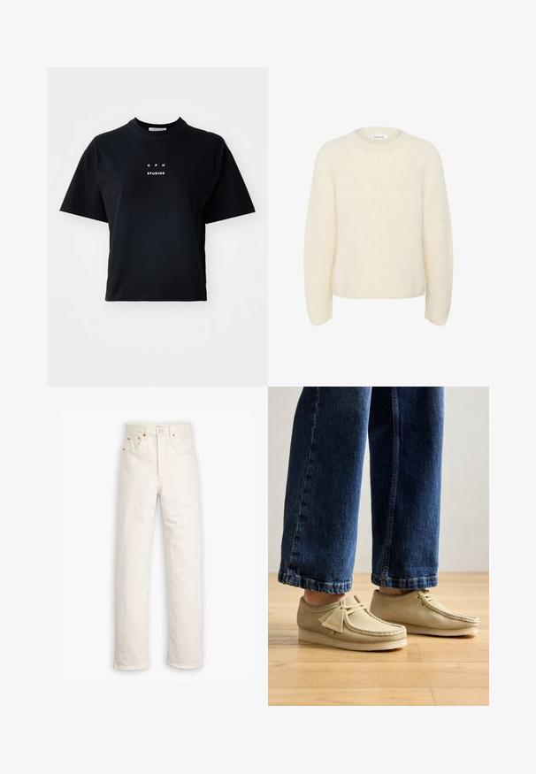 Ivory, ylisuurta neuletta, joka on valmistettu pehmeästä, tekstuurillisesta kankaasta. Siinä on pyöreä pääntie ja pitkät hihat, sekä rento istuvuus. Ei näkyviä kuvioita.; Musta lyhythihainen t-paita, joka on valmistettu puuvillasta ja jossa on pyöreä kaula-aukko. Edessä on keskelle painettu logo, jossa lukee "C P H STUDIOS".; Valkoiset farkuhousut suoran lahkeiden muotoilulla, viiden taskun tyylillä ja kuparisilla yksityiskohdilla. Raaka helma lopussa nilkoissa.; Beige mokkasiinit, joissa on pyöristetyt varpaat ja matala profiili. Ominaisuuksiin kuuluu nauhakiinnitys ja ommellut korostukset. Yhdistettynä lyhyisiin sinisiin farkkuihin.