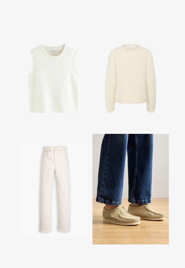 Maglione oversize color avorio realizzato in tessuto morbido e testurizzato. Presenta un collo rotondo e maniche lunghe con una vestibilità rilassata. Nessun motivo visibile.; Maglione bianco senza maniche realizzato in un morbido tessuto testurizzato. Presenta un colletto rotondo a coste e aperture per le braccia, con un design pulito e semplice.; Jeans in denim bianco con design a gamba dritta, stile a cinque tasche e dettagli in metallo rame. Orlo grezzo alla caviglia.; Scarpe in suede beige con punte arrotondate e profilo basso. Presentano un design con lacci e dettagli cuciti. Indossate con jeans blu a vita alta e taglio corto.