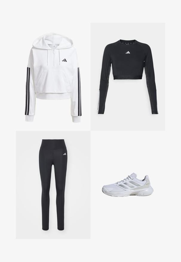 Vit, kort hoodie med en frontficka, svarta tre-rands detaljer på ärmarna och en liten svart logotyp på bröstet. Mjuk tyg.; Svart kortärmad träningsoverdel med lång ärm, tillverkad av mjukt tyg. Har en vit logotyp på bröstet och randiga detaljer på ärmarna.; Svarta träningsleggings i stretchigt material, med hög midja och en vit logotyp på vänster höft.; Vit sportskor med andningsbart nätmaterial, silverdetaljer, dämpad sula och ett säkerhetslås för snörning. Texturerad panel på sidorna.