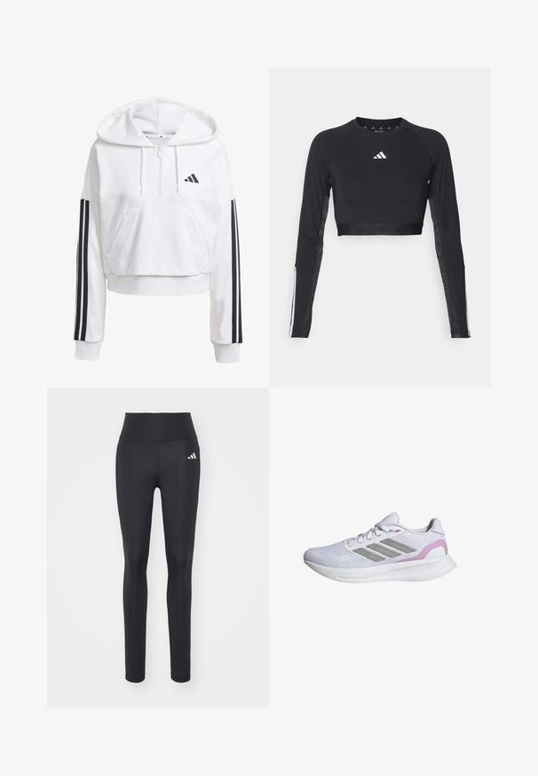 Weißer, verkürzter Hoodie mit einer Fronttasche, schwarzer Dreistreifen-Akzentierung an den Ärmeln und einem kleinen schwarzen Logo auf der Brust. Weicher Stoff.; Schwarzes, verkürztes Langarm-Workout-Oberteil aus glattem Material. Mit einem weißen Logo auf der Brust und gestreiften Akzenten an den Ärmeln.; Schwarze Sportleggins aus dehnbarem Material mit hohem Bund und einem weißen Markenlogo auf der linken Hüfte.; Weißer Sportschuh mit Mesh-Obermaterial, silbernen Akzenten und pinkem Fersenbereich. Verfügt über eine strukturierte Sohle mit der Aufschrift "CLOUDfoam".