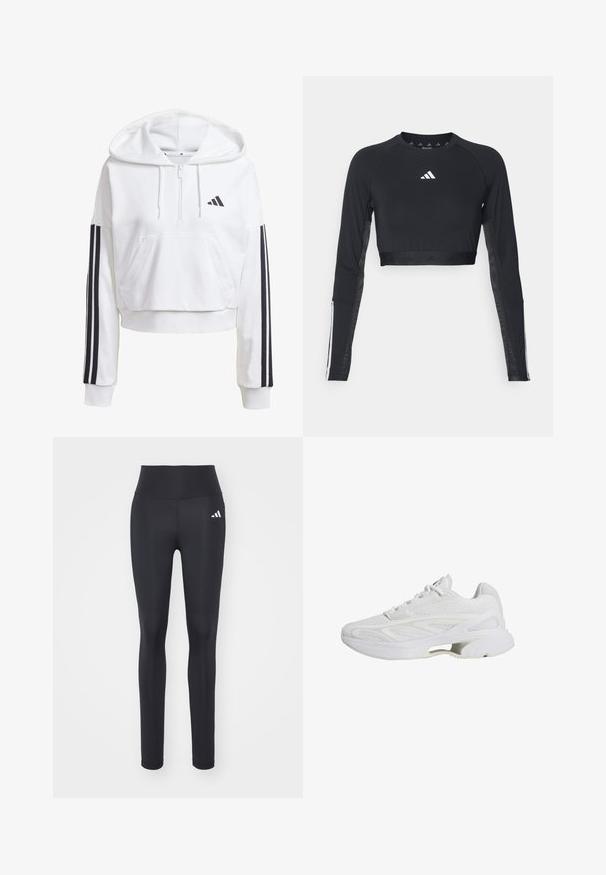 Bijela, skraćena kutija s kapuljačom, prednjim džepom, crnom trostrukom prugom na rukavima i malim crnim logotipom na prsima. Mekani materijal.; Crni skraćeni dugosleevetop za vježbanje izrađen od glatke tkanine. Ima bijeli logo na prsima i prugaste detalje na rukavima.; Crne atletske tajice izrađene od rastezljivog materijala, s visokim pojasom i bijelim logotipom brenda na lijevoj bok.; Bijele sportske tenisice s mrežastim gornjištem, podstavljenim ovratnikom i teksturiranim detaljima. Ojačan potplat s izrezom za lagani dizajn.
