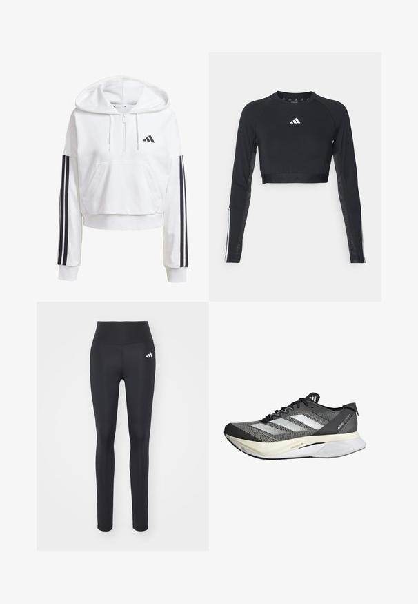 Bílá, zkrácená mikina s kapucí, přední kapsou, černými třemi pruhy na rukávech a malým černým logem na hrudi. Měkká látka.; Černý zkrácený top s dlouhým rukávem na cvičení vyrobený z hladké tkaniny. Má bílou značku na hrudi a pruhované detaily na rukávech.; Černé sportovní legíny vyrobené z elastické tkaniny, s vysokým pasem a bílým logem značky na levém boku.; Černá a bílá běžecká obuv s pleteným svrškem, třemi bočními pruhy, lehkou podrážkou a texturovanými detaily na síťovině.