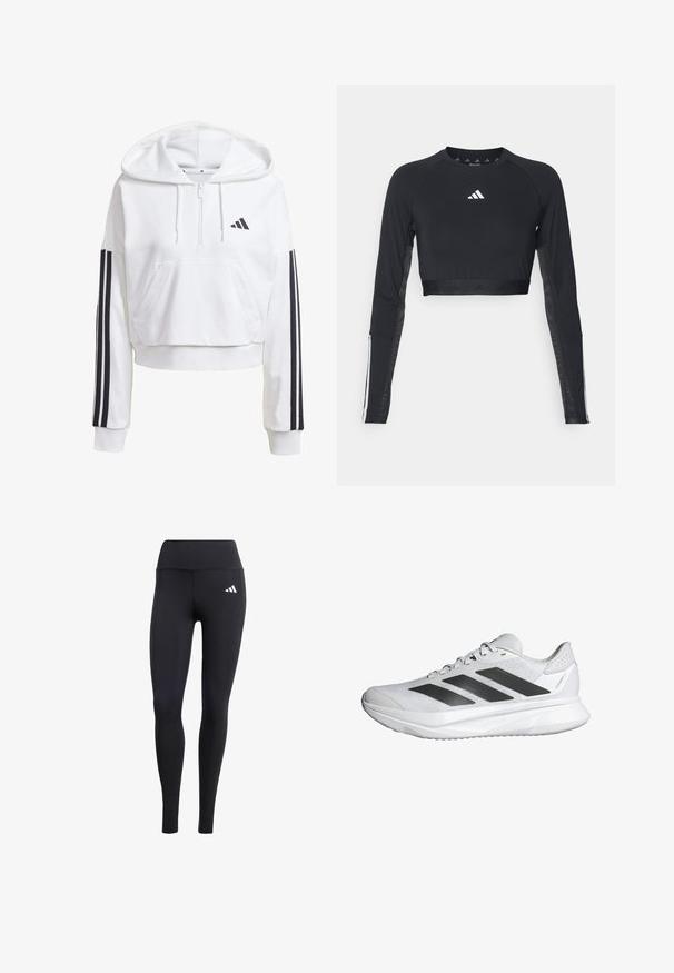 Sudadera blanca corta con bolsillo frontal, detalles de tres rayas negras en las mangas y un pequeño logo negro en el pecho. Tejido suave.; Top de entrenamiento negro recortado de manga larga hecho de una tela suave. Presenta un logo blanco en el pecho y acentos a rayas en las mangas.; Leggings negras de material elástico, con una cinturilla alta y un pequeño logo blanco, con un acabado suave y mate.; Zapato deportivo blanco con parte superior de malla transpirable, tres franjas negras, suela ligera y acentos texturizados en el talón para mayor soporte.