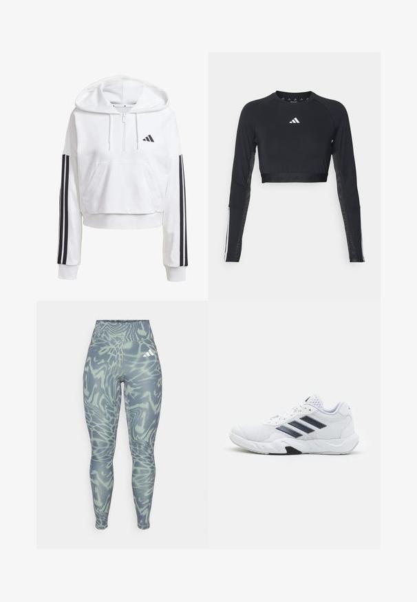 Bílá, zkrácená mikina s kapucí, přední kapsou, černými třemi pruhy na rukávech a malým černým logem na hrudi. Měkká látka.; Černý zkrácený top s dlouhým rukávem na cvičení vyrobený z hladké tkaniny. Má bílou značku na hrudi a pruhované detaily na rukávech.; Vysoké legíny v zelené a šedé barvě s vodním vzorem, vyrobené z elastického materiálu. Na bocích jsou tři bílé pruhy s logem.; Bílé sportovní boty s vrškem ze síťoviny, třemi černými pruhy po stranách, texturovanými akcenty a odolnou gumovou podrážkou s kontrastní černou částí.
