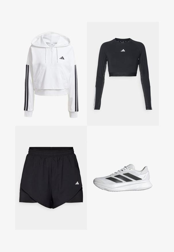 Felpa bianca corta con cappuccio e tasca frontale, dettagli neri a tre strisce sulle maniche e un piccolo logo nero sul petto. Tessuto morbido.; Top da allenamento nero a maniche lunghe e cropped realizzato in tessuto morbido. Presenta un logo bianco sul petto e accenti a righe sulle maniche.; Pantaloni sportivi neri con un design a strati, realizzati in tessuto leggero. Presentano una vita elastica e un piccolo logo bianco sul lato.; Scarpa da ginnastica bianca con tomaia in rete traspirante, tre strisce nere, suola leggera e dettagli testurizzati sul tallone per maggiore supporto.
