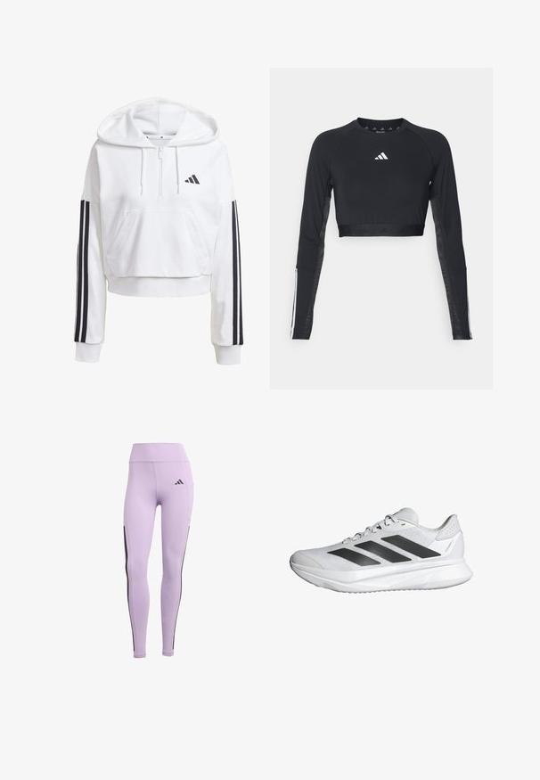 Hvid, cropped hoodie med en frontlomme, sort tre-stribe detaljer på ærmerne og et lille sort logo på brystet. Blødt stof.; Sort cropped træningstop med lange ærmer lavet af glat stof. Har et hvidt logo på brystet og stribede detaljer på ærmerne.; Lilla atletiske leggings med høj talje, strækstof, sorte sidelister og Adidas-logoet på fronten.; Hvid atletiksko med en åndbar mesh-overdel, tre sorte striber, letvægts sål og teksturerede detaljer på hælen for støtte.