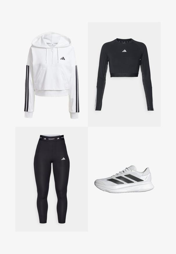 Witte, korte hoodie met een voorkennis, zwarte drie-streepdetails op de mouwen en een klein zwart logo op de borst. Zachte stof.; Zwart geknipt langemouwen workout top van gladde stof. Bevat een wit logo op de borst en gestreepte accenten op de mouwen.; Zwarte Techfit legging met een hoge tailleband, zachte stof, met een wit Adidas-logo en branding langs de tailleband.; Witte sportieve schoen met een ademende mesh bovenkant, drie zwarte strepen, een lichte zool en gestructureerde accenten op de hiel voor ondersteuning.