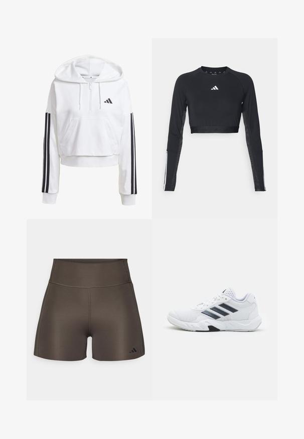 Witte, korte hoodie met een voorkennis, zwarte drie-streepdetails op de mouwen en een klein zwart logo op de borst. Zachte stof.; Zwart geknipt langemouwen workout top van gladde stof. Bevat een wit logo op de borst en gestreepte accenten op de mouwen.; adidas Performance OPTIME RAW CUT HEM - Tights - shadow olive; Witte sportieve schoen met een bovenwerk van mesh, drie zwarte strepen aan de zijkant, gestructureerde accenten en een stevige rubberen zool met een contrasterend zwart gedeelte.
