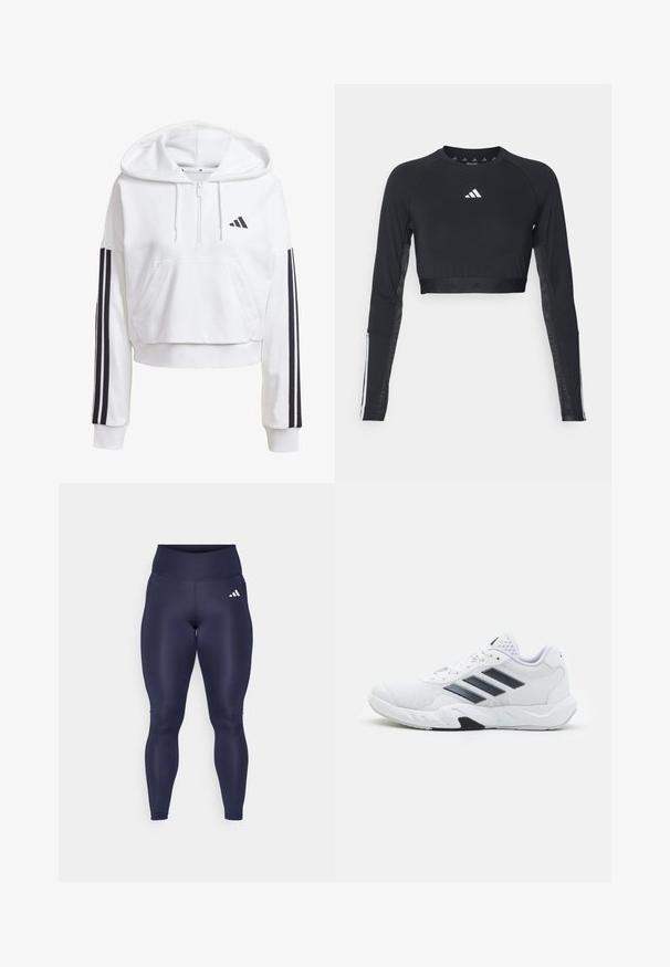 White, cropped hoodie with a front pocket, black three-stripe detailing on sleeves, and a small black logo on the chest. Soft fabric.; Black cropped long-sleeve workout top made of smooth fabric. Features a white logo on the chest and striped accents on the sleeves.; adidas Performance OPT ESS ST 1/1 - Leggings - legend ink; White athletic shoe with mesh upper, three black stripes on the side, textured accents, and a sturdy rubber sole with a contrasting black section.