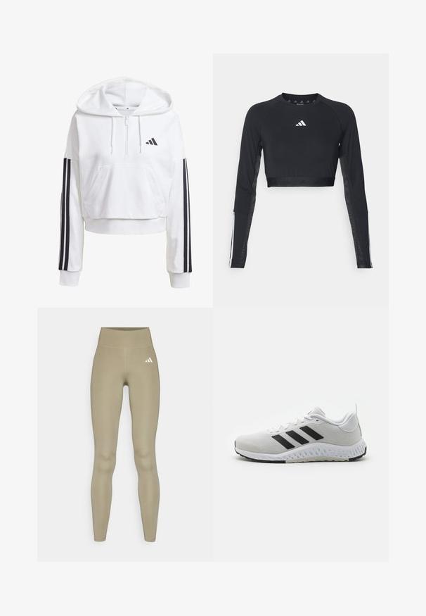 Biała, krótka bluza z kapturem z kieszenią z przodu, czarne detale z trzema paskami na rękawach oraz małe czarne logo na klatce piersiowej. Miękka tkanina.; Czarny, krótki top do ćwiczeń z długim rękawem, wykonany z gładkiego materiału. Posiada biały logo na klatce piersiowej i paski na rękawach.; adidas Performance - Rajstopy; Białe buty sportowe z czarnymi paskami, siateczkowa cholewka, gumowa podeszwa i teksturowane akcenty. Posiadają okrągły czubek i wyściełany kołnierz.