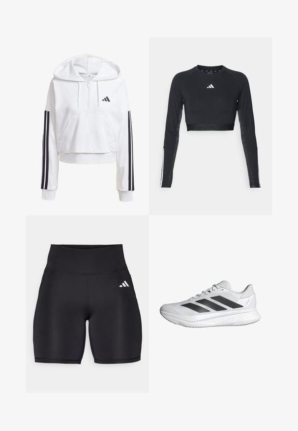 Witte, korte hoodie met een voorkennis, zwarte drie-streepdetails op de mouwen en een klein zwart logo op de borst. Zachte stof.; Zwart geknipt langemouwen workout top van gladde stof. Bevat een wit logo op de borst en gestreepte accenten op de mouwen.; Zwarte sportshorts van rekbaar materiaal, met een hoge tailleband, een gladde textuur en een wit logo met drie strepen aan de zijkant.; Witte sportieve schoen met een ademende mesh bovenkant, drie zwarte strepen, een lichte zool en gestructureerde accenten op de hiel voor ondersteuning.