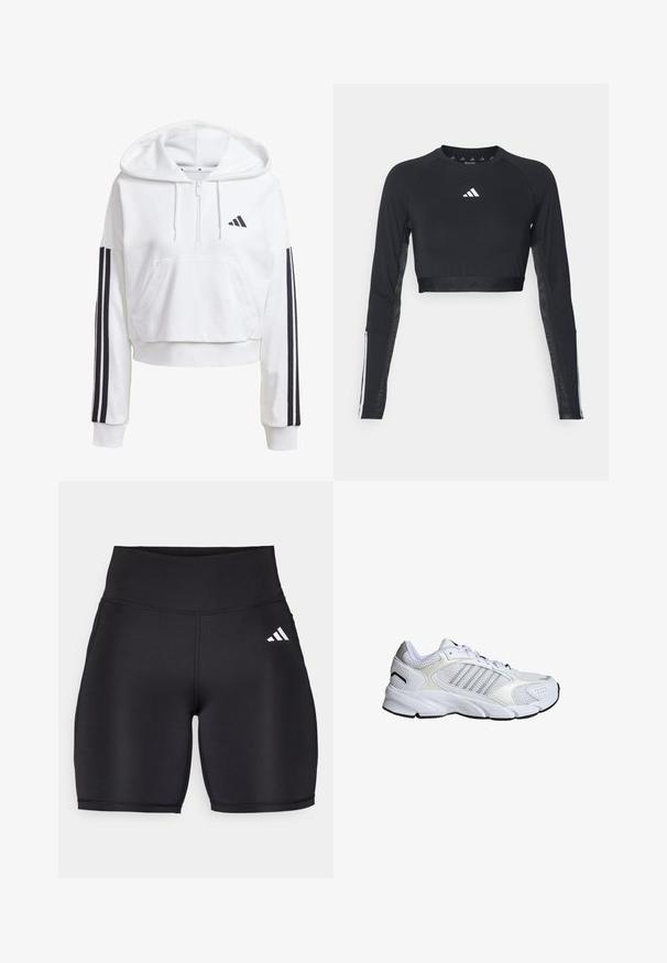 Hvid, cropped hoodie med en frontlomme, sort tre-stribe detaljer på ærmerne og et lille sort logo på brystet. Blødt stof.; Sort cropped træningstop med lange ærmer lavet af glat stof. Har et hvidt logo på brystet og stribede detaljer på ærmerne.; Sorte atletiske shorts lavet af strækbart stof, med en høj talje, en glat tekstur og et hvidt tre-stribe logo på siden.; Hvide sportsko i åndbart mesh og syntetiske materialer, med tre sølvstriber, struktureret gummisål og polstret krave.