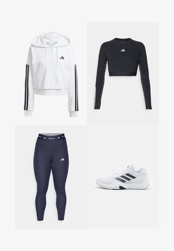 Vit, kort hoodie med en frontficka, svarta tre-rands detaljer på ärmarna och en liten svart logotyp på bröstet. Mjuk tyg.; Svart kortärmad träningsoverdel med lång ärm, tillverkad av mjukt tyg. Har en vit logotyp på bröstet och randiga detaljer på ärmarna.; Marineblå leggings gjorda av elastisk tyg med hög midja. Har "TECHFIT"-märkning och en vit Adidas-logotyp på låret.; Vit sportskor med mesh-överdel, tre svarta ränder på sidan, texturerade detaljer och en stadig gummisula med en kontrasterande svart del.