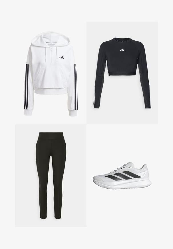 Felpa bianca corta con cappuccio e tasca frontale, dettagli neri a tre strisce sulle maniche e un piccolo logo nero sul petto. Tessuto morbido.; Top da allenamento nero a maniche lunghe e cropped realizzato in tessuto morbido. Presenta un logo bianco sul petto e accenti a righe sulle maniche.; Leggings neri realizzati in tessuto elasticizzato con vita alta, caratterizzati da una texture liscia e senza motivi o accenti visibili.; Scarpa da ginnastica bianca con tomaia in rete traspirante, tre strisce nere, suola leggera e dettagli testurizzati sul tallone per maggiore supporto.