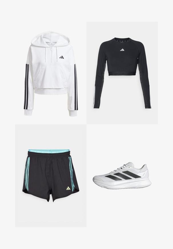 Sudadera blanca corta con bolsillo frontal, detalles de tres rayas negras en las mangas y un pequeño logo negro en el pecho. Tejido suave.; Top de entrenamiento negro recortado de manga larga hecho de una tela suave. Presenta un logo blanco en el pecho y acentos a rayas en las mangas.; Pantalones cortos de running negros con franjas laterales azul claro y una cinturilla a juego, que presentan un pequeño logo amarillo en la parte delantera inferior.; Zapato deportivo blanco con parte superior de malla transpirable, tres franjas negras, suela ligera y acentos texturizados en el talón para mayor soporte.
