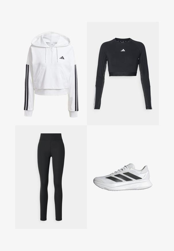 Hvid, cropped hoodie med en frontlomme, sort tre-stribe detaljer på ærmerne og et lille sort logo på brystet. Blødt stof.; Sort cropped træningstop med lange ærmer lavet af glat stof. Har et hvidt logo på brystet og stribede detaljer på ærmerne.; Sorte leggings lavet af et strækbart materiale med en høj talje, der har en glat overflade uden synlige mønstre eller detaljer.; Hvid atletiksko med en åndbar mesh-overdel, tre sorte striber, letvægts sål og teksturerede detaljer på hælen for støtte.