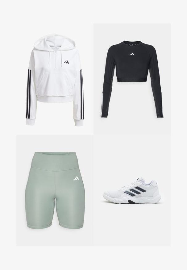 Felpa bianca corta con cappuccio e tasca frontale, dettagli neri a tre strisce sulle maniche e un piccolo logo nero sul petto. Tessuto morbido.; Top da allenamento nero a maniche lunghe e cropped realizzato in tessuto morbido. Presenta un logo bianco sul petto e accenti a righe sulle maniche.; Shorts sportivi verde chiaro con alta vita, realizzati in tessuto elasticizzato, dotati di cuciture flatlock e un logo bianco sul lato sinistro.; Scarpa sportiva bianca con tomaia in mesh, tre strisce nere sui lati, dettagli testurizzati e una suola in gomma robusta con una sezione nera a contrasto.