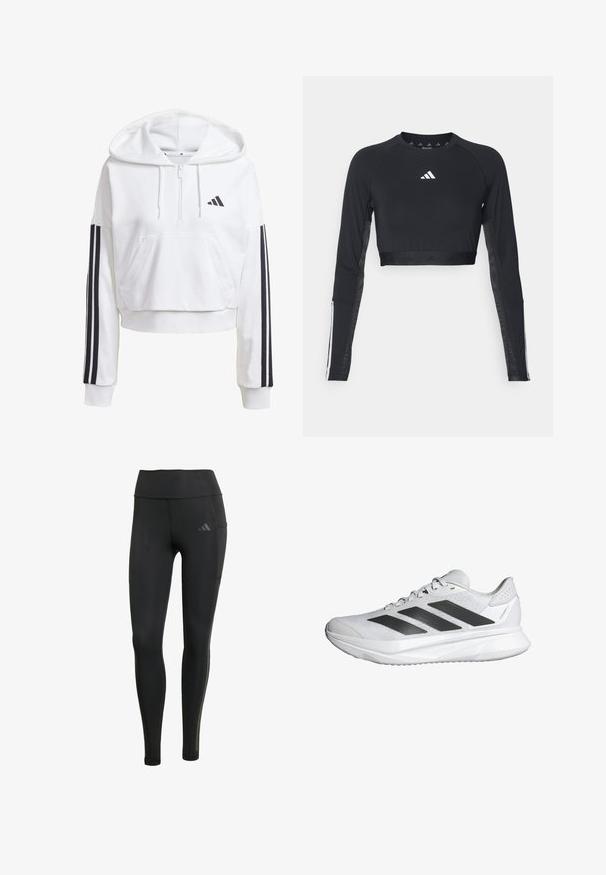 Witte, korte hoodie met een voorkennis, zwarte drie-streepdetails op de mouwen en een klein zwart logo op de borst. Zachte stof.; Zwart geknipt langemouwen workout top van gladde stof. Bevat een wit logo op de borst en gestreepte accenten op de mouwen.; Zwarte sportleggings van rekbaar materiaal, met een hoge tailleband, ton-sur-ton stiksels en een klein logo op het bovenste gedeelte van het linkerpijp.; Witte sportieve schoen met een ademende mesh bovenkant, drie zwarte strepen, een lichte zool en gestructureerde accenten op de hiel voor ondersteuning.