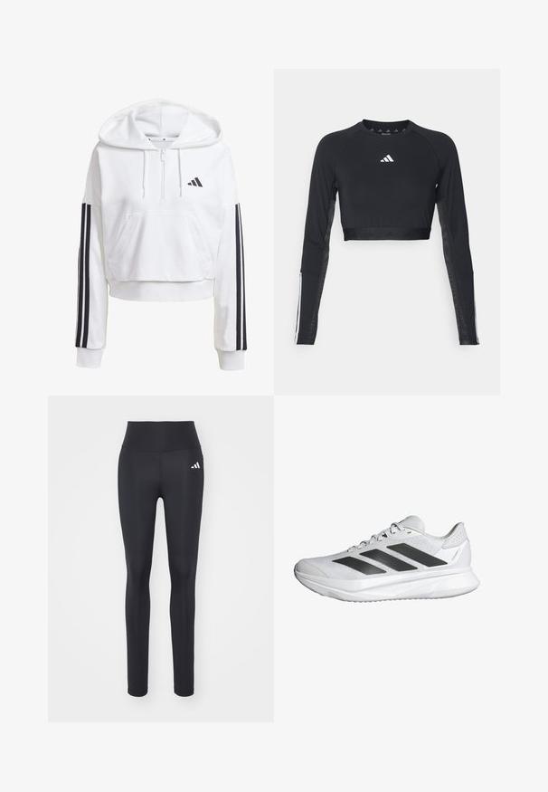 Witte, korte hoodie met een voorkennis, zwarte drie-streepdetails op de mouwen en een klein zwart logo op de borst. Zachte stof.; Zwart geknipt langemouwen workout top van gladde stof. Bevat een wit logo op de borst en gestreepte accenten op de mouwen.; Zwarte sportleggingen van rekbaar materiaal, met een hoge tailleband en een wit merklogo op de linkerheup.; Witte sportieve schoen met een ademende mesh bovenkant, drie zwarte strepen, een lichte zool en gestructureerde accenten op de hiel voor ondersteuning.