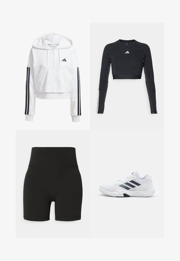 Felpa bianca corta con cappuccio e tasca frontale, dettagli neri a tre strisce sulle maniche e un piccolo logo nero sul petto. Tessuto morbido.; Top da allenamento nero a maniche lunghe e cropped realizzato in tessuto morbido. Presenta un logo bianco sul petto e accenti a righe sulle maniche.; Shorts da bici neri a vita alta realizzati in tessuto elasticizzato, con design senza cuciture e dettagli cuciti, che terminano sopra il ginocchio.; Scarpa sportiva bianca con tomaia in mesh, tre strisce nere sui lati, dettagli testurizzati e una suola in gomma robusta con una sezione nera a contrasto.