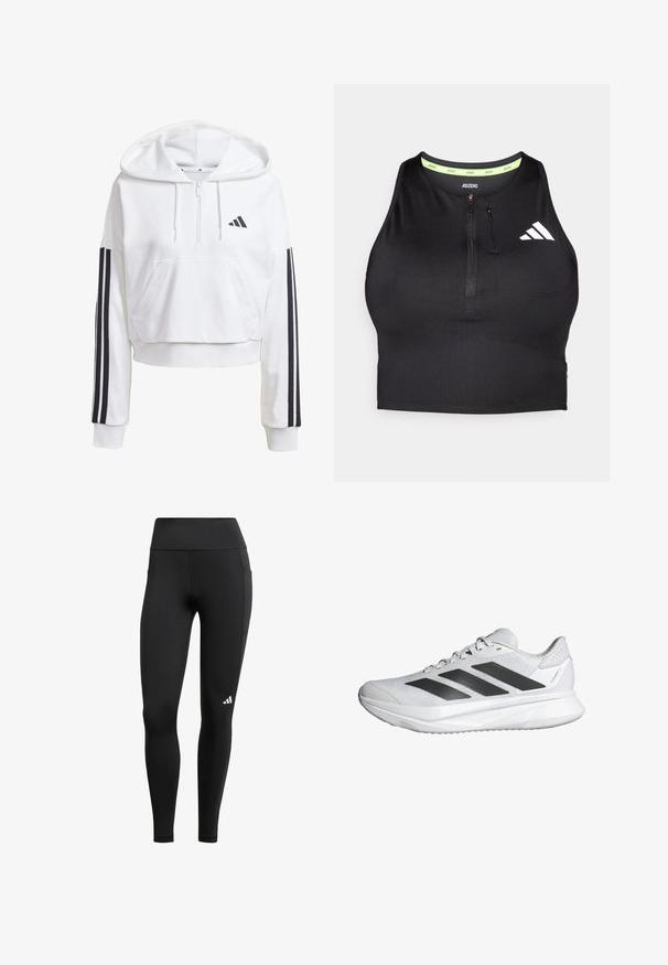 Weißer, verkürzter Hoodie mit einer Fronttasche, schwarzer Dreistreifen-Akzentierung an den Ärmeln und einem kleinen schwarzen Logo auf der Brust. Weicher Stoff.; Schwarzes sportliches Crop-Top mit einem Reißverschluss an der Vorderseite, aus glattem Material gefertigt. Verfügt über einen grünen Innenkragen und ein weißes Logo an der Seite.; Schwarze Sportleggings mit hohem Bund, aus dehnbarem Stoff; verfügen über eine Seitentasche und ein kleines weißes Logo nahe dem Saum.; Weißer Sportschuh mit einem atmungsaktiven Mesh-Obermaterial, drei schwarzen Streifen, leichtem Sohlen und strukturierten Akzenten an der Ferse zur Unterstützung.