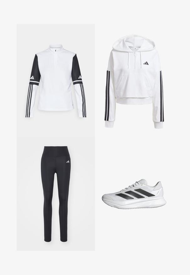 Weißer, verkürzter Hoodie mit einer Fronttasche, schwarzer Dreistreifen-Akzentierung an den Ärmeln und einem kleinen schwarzen Logo auf der Brust. Weicher Stoff.; Weißer Sportpullover mit halben Reißverschluss und langen schwarzen Ärmeln, die drei weiße Streifen und das Adidas-Logo an den Schultern aufweisen.; Schwarze Sportleggins aus dehnbarem Material mit hohem Bund und einem weißen Markenlogo auf der linken Hüfte.; Weißer Sportschuh mit einem atmungsaktiven Mesh-Obermaterial, drei schwarzen Streifen, leichtem Sohlen und strukturierten Akzenten an der Ferse zur Unterstützung.