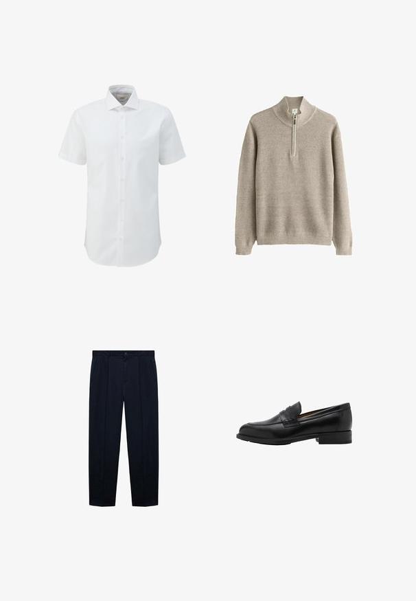 Beige Strickpullover mit einem halben Reißverschlusskragen, langen Ärmeln sowie gerippten Bündchen und Saum, flach auf einem weißen Hintergrund ausgelegt.; s.Oliver BLACK LABEL KURZARM DOBBY STRUKTUR - Hemd - weiß; Marineblaue, flache Hosen aus leichtem Stoff mit glatter Textur; verfügen über einen Knopfverschluss und zwei Seitentaschen.; Schwarze Leder-Löcher mit genähtem Vorderteil und flachem Absatz. Glatte Textur mit runder Zehenform und einem dekorativen Riemen über dem Spann.