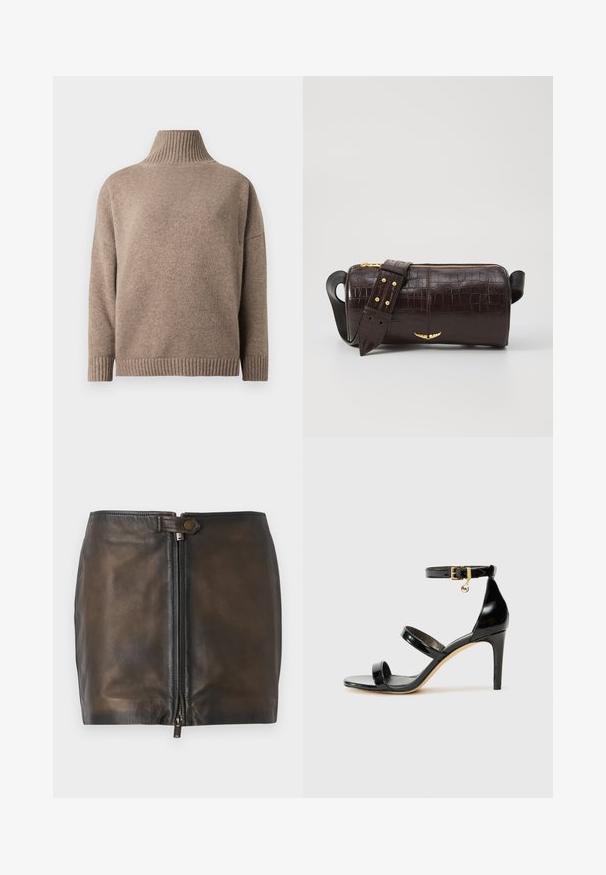 Brūna adīta augsta apkakle ar garām piedurknēm un ribu piegriezuma aprocēm un apakšdaļu, attēlota uz baltas fona.; Melnas ādas mini svārki ar priekšējo rāvējslēdzēju, gluda tekstūra un šaura jostu. Iezīmējas ar nelielu metāla akcentu uz jostas.; Melnas lakota ādas sandalēs ar trim siksnām, potītes sprādzi un 4 collu stiletto papēdi. Iespējas ar zelta detaļām un logotipa piekariņu.; Brūna krokodila ādas soma ar cilindrisku formu, zelta toni aparatūru un noņemamu siksnu ar studiem.