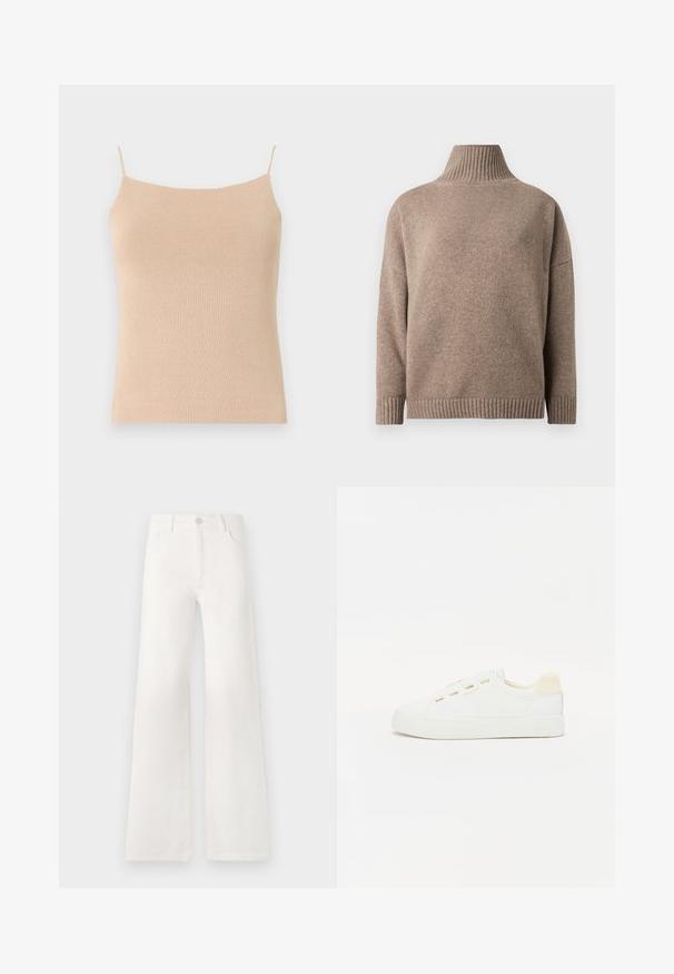 Brun strikket genser med høy hals, lange ermer og ribbet mansjetter og kant, vist på hvit bakgrunn.; Beige strikket camisole med tynne stropper, med en tettsittende design og teksturert stoff, ideell for lag-på-lag bruk eller uformell klesstil.; Hvite, høyt liv brede ben jeans laget av denim. Har knappelukking, to frontlommer og sidesømmer med sømdetaljer.; Hvit sneaker med overdel i canvas, rund tå og flat gummisåle. Har gullfargede snøringer og en lys beige hælakkent.