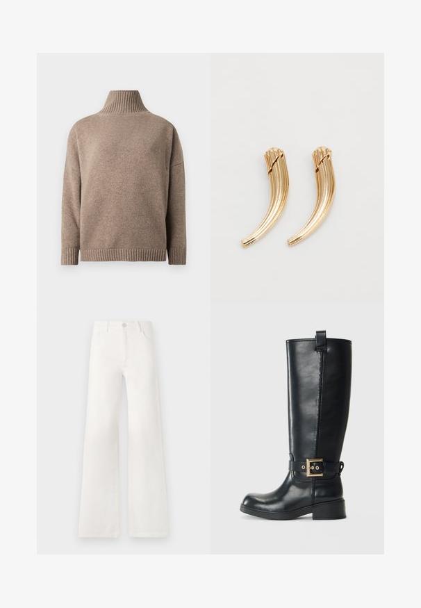 Brązowy dziergany sweter z golfem, długimi rękawami oraz ściągaczami na mankietach i u dołu, prezentowany na białym tle.; Białe dżinsy z wysokim stanem i szerokimi nogawkami. Wykonane z denimu. Posiadają zapięcie na guzik, dwie kieszenie z przodu oraz boczne szwy ze szczegółami w postaci przeszyć.; Czarne skórzane kozaki do kolan z niskim obcasem w kształcie bloku, ozdobnym złotym paskiem z klamrą wokół kostki oraz pętelką u góry.; Złote metalowe spinki do włosów o zakrzywionym, żłobionym wzorze. Gładka tekstura z błyszczącym wykończeniem i zaokrąglonymi końcami. Pokazane są dwa elementy.