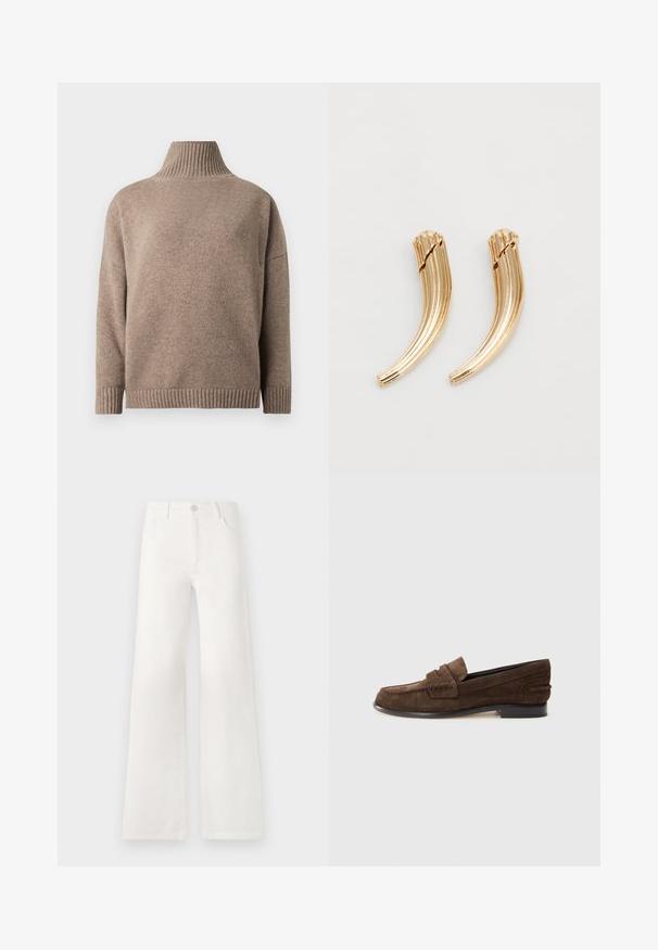 Pull col roulé marron en maille avec manches longues et poignets et ourlet côtelés, présenté sur un fond blanc.; Jean large blanc taille haute en denim. Se ferme par un bouton, dispose de deux poches avant et de coutures détaillées sur les côtés.; Mocassins en daim marron avec un petit talon, présentant un design de tablier cousu et une doublure intérieure lisse. Des accents latéraux ajoutent de la texture.; Pince à cheveux en métal doré avec un design incurvé et strié. Texture lisse avec une finition polie et des bouts arrondis. Deux pièces présentées.