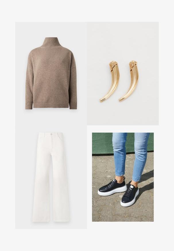 Pulover maro cu guler înalt tricotat, mâneci lungi și manșete și tiv striate, prezentat pe un fundal alb.; Jeans albe, cu talie înaltă și croială largă, realizate din denim. Dispun de închidere cu buton, două buzunare frontale și cusături detaliate pe laterale.; Tenisi din piele neagră cu talpă din cauciuc albă, având un finisaj neted, vârf rotunjit și șireturi plate. Purtați cu blugi de culoare bleu deschis.; Agrafe de păr din metal cu tonuri de aur, cu un design curbat și nervurat. Textură netedă cu un finisaj lustruit și vârfuri rotunjite. Se afișează două piese.