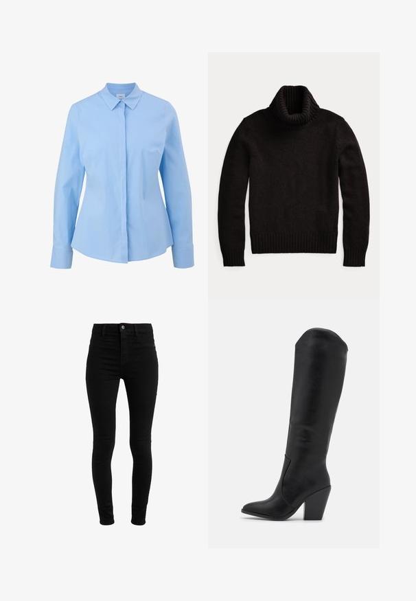 Zwarte coltrui van een gestructureerde gebreide stof. Kenmerkt zich door een hoge, ribbelige kraag en ribbelige manchetten en onderrand voor een aansluitende pasvorm.; Lichtblauw langemouwen overhemd met een spitse kraag, knoopsluiting aan de voorkant en een zachte textuur. Beschikt over een getailleerde pasvorm en manchet mouwen.; Zwarte skinny jeans van denim, met een hoge taille, vijf zakken en knoopsluiting. Gladde textuur, zonder zichtbare patronen.; RAID LAKELYN - Laarzen met hoge hak - black