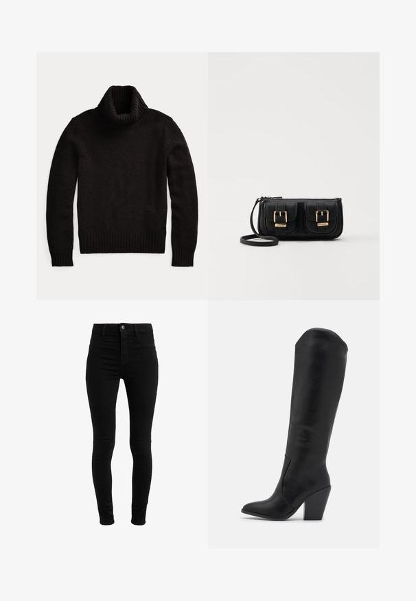 Mustas turtleneck-sviiter, mis on valmistatud tekstuuriga kudumist. Omab kõrget soonikserva ning soonikvarrukaid ja -äärist, et tagada tihe istuvus.; Mustad mustad teksad, kõrge vöökoht, viie taskuga disain ja nööpidega sulgemine. Sile tekstuur, ilma nähtavate mustriteta.; RAID LAKELYN - Kõrge kontsaga saapad - black; Must küllastamata nahast õlakott, millel on kaks esist nähtavat taskut, kuldsed pandlad, tõmblukuga sulgemine ja peen rihm. Tekstuuriga pind ja kompaktne ristkülikukujuline kuju.