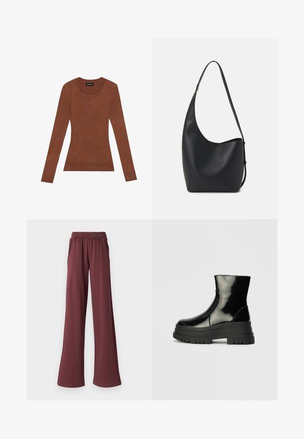 Hnědý žebrovaný svetr s dlouhými rukávy a kulatým výstřihem. Vyroben z měkkého materiálu. Má přiléhavý tvar a bezproblémový povrch.; JJXX JXALLY REG WIDE PANTS - Teplákové kalhoty - sassafras; Černá lesklá kotníková bota s robustní podrážkou a zaoblenou špičkou, boční pohled na jednolitém světle šedém pozadí.; Černá kožená hobo taška s hladkým povrchem, zakřiveným tvarem a jedním nastavitelným popruhem; má široké otevírání nahoře.