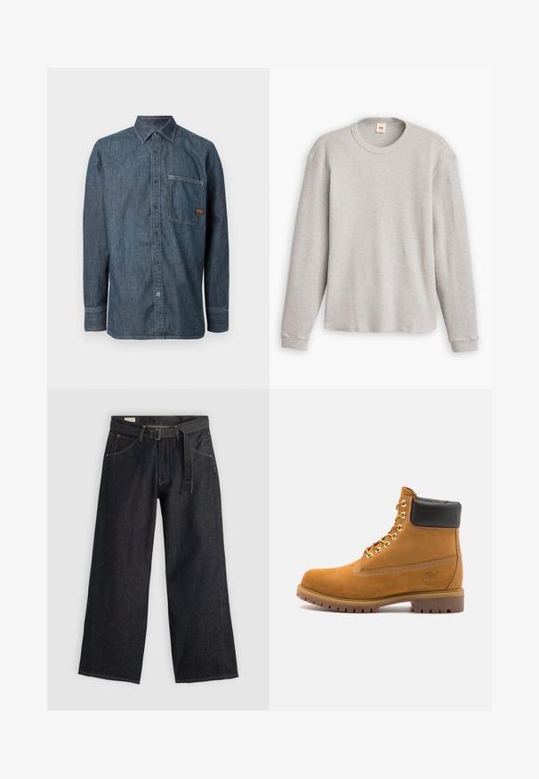Sivý pletený sveter s dlhým rukávom, rebrovanou textúrou, okrúhlym výstrihom a rovnými okrajmi. Manžety sú priliehavé a vyrobené z jemného materiálu.; Džínsová košeľa s dlhým rukávom a gombíkmi, s špicatým golierom a náprsné vrecko s malou hnedou značkovou nálepkou.; Tmavé denimové nohavice so širokými nohavicami a opaskom v páse, s prednými vreckami a kontrastným šitím. Hladká textúra s čistým dizajnom.; Tyrkysové semišové členkové topánky s čiernym polstrovaným golierom, zlatými kovovými očkami, bielym prešívaním a robustnou gumovou podrážkou s výraznými drážkami.