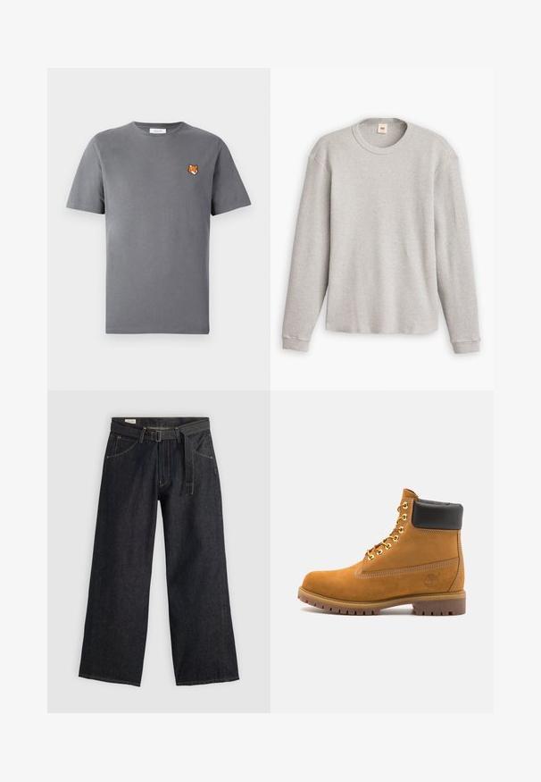 Hallitatud hall pikkade varrukatega kudum, millel on soonikkoes pind, ümmargune kaelus ja sirge ääre. Varrukate servad on sobivad, valmistatud pehmest kangast.; Hallhallane puuvillane t-särk, millel on vasakul rinnal väike oranž rebase pea tikand. Ümar kaelus, lühikesed varrukad ja klassikaline lõige.; Tumed denimist laiad püksid vööga, esikülgedel on taskud ja kontrastne õmblus. Sile tekstuur ja puhas disain.; Küpset tan suede sääreboot musta pehmea kraega, kuldsed metallist silmad, valge õmblemise detailid ja robustne kummist tallaga, millel on väljendunud mustrid.