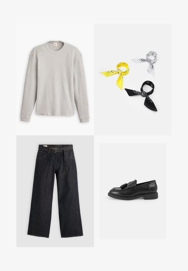 Szürke, hosszú ujjú kötött pulóver bordás textúrával, kerek nyakkivágással és egyenes aljjal. Az ujjak szorosak, puha anyagból készültek.; Sötét farmer széles lábú nadrág övvel a deréknál, elülső zsebekkel és kontrasztos varrással. Sima textúra tiszta dizájnnal.; Fekete bőr mokaszin, kerek orral, díszes bojtokkal, varrott részletekkel és alacsony gumitalppal. Klasszikus slip-on dizájn.; Három bandana: egy sárga fekete mintákkal, egy fehér fekete grafikával, és egy fekete fehér grafikával. Mind három négyzet alakú, könnyű anyagból készült.