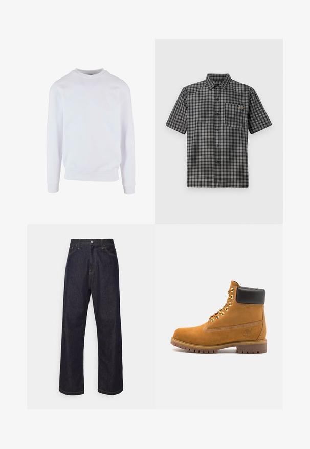 Fehér pulóver kerek nyakkivágással, bordázott mandzsettákkal és aljjal, egyszerű dizájnnal. Puha, könnyű anyagból készült.; Fekete-fehér kockás rövidujjú ing, gombolható gallérral, elülső zsebbe és egy kis címkével a mellkasán.; Sötétkék egyenes szárú farmernadrág sárga varrással, elülső gombbal, cipzáros záródással és öt zsebes kialakítással.; Barna velúr bokacipő fekete párnázott gallérral, arany fém fűzőlyukakkal, fehér varrási részletekkel és durva gumitalppal, amelynek kifejezett barázdái vannak.