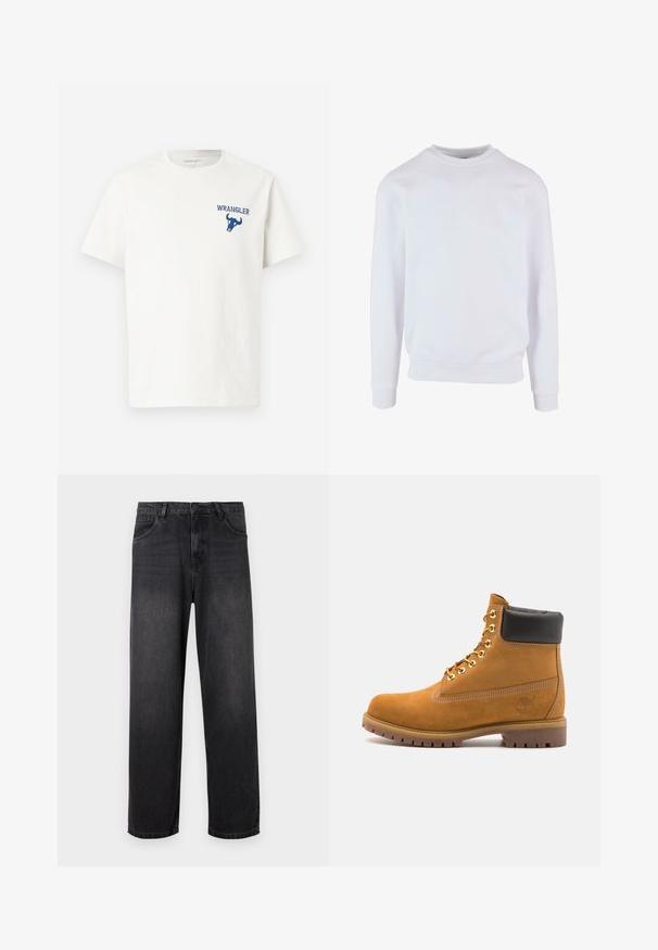 Biela mikina s okrúhlym výstrihom, žebrovanými manžetami a spodným okrajom, s jednoduchým dizajnom. Vyrobená z jemného, ľahkého materiálu.; Biela bavlnená tričko s modrým logom Wrangler a grafikou býka na ľavej strane hrudi. Krátke rukávy a okrúhly výstrih.; Tmavošedé džíny s rovnými nohavicami, so zapínaním na zips, piatimi vreckami a jemnými odfarbeniami na látke.; Tyrkysové semišové členkové topánky s čiernym polstrovaným golierom, zlatými kovovými očkami, bielym prešívaním a robustnou gumovou podrážkou s výraznými drážkami.