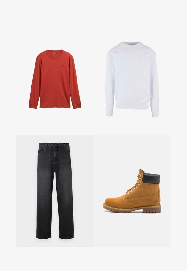 Vit sweatshirt med rund halsringning, ribbade ärmslut och nederkant, samt en enkel design. Tillverkad av mjukt, lätt tyg.; Långärmad t-shirt i dämpad röd färg, tillverkad av mjukt material. Har en rund halsringning och en liten logotyp på bröstet. Regular fit.; Mörkgrå denimjeans med rak bendesign, som har dragkedja, fem fickor och subtila blekningsdetaljer på tyget.; Tan mockasins ankelstövlar med svart vadderad krage, guldmetallöglor, vit sömdekor och slitstöt gummisula med utmärkta mönster.